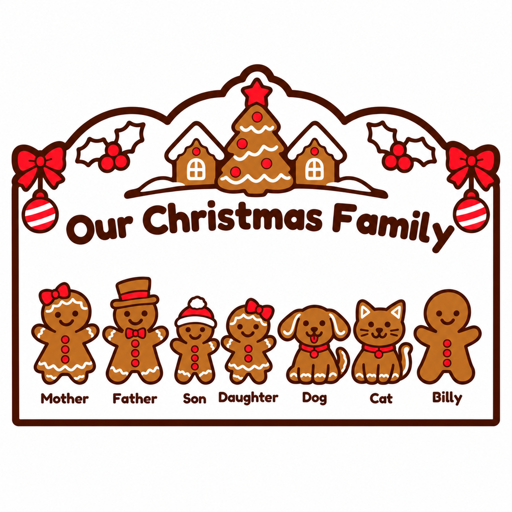 Digital design preview: gingerbread Christmas family sign with seven personalized characters