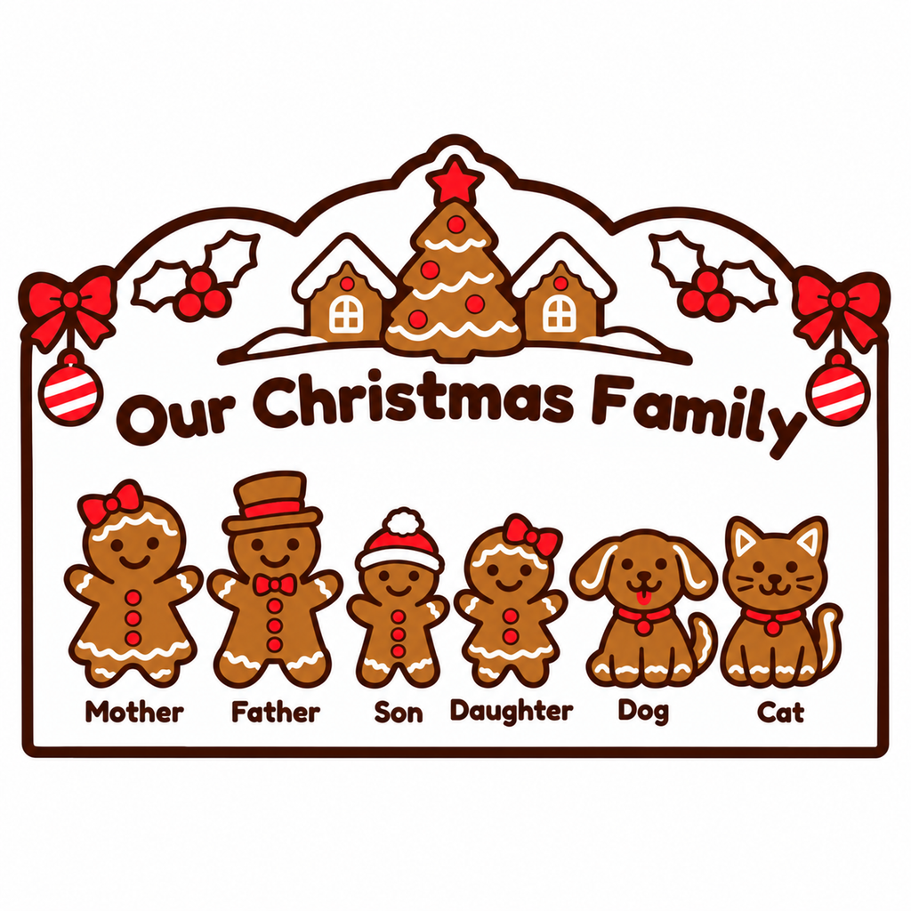 Digital design preview: gingerbread Christmas family sign with six personalized characters