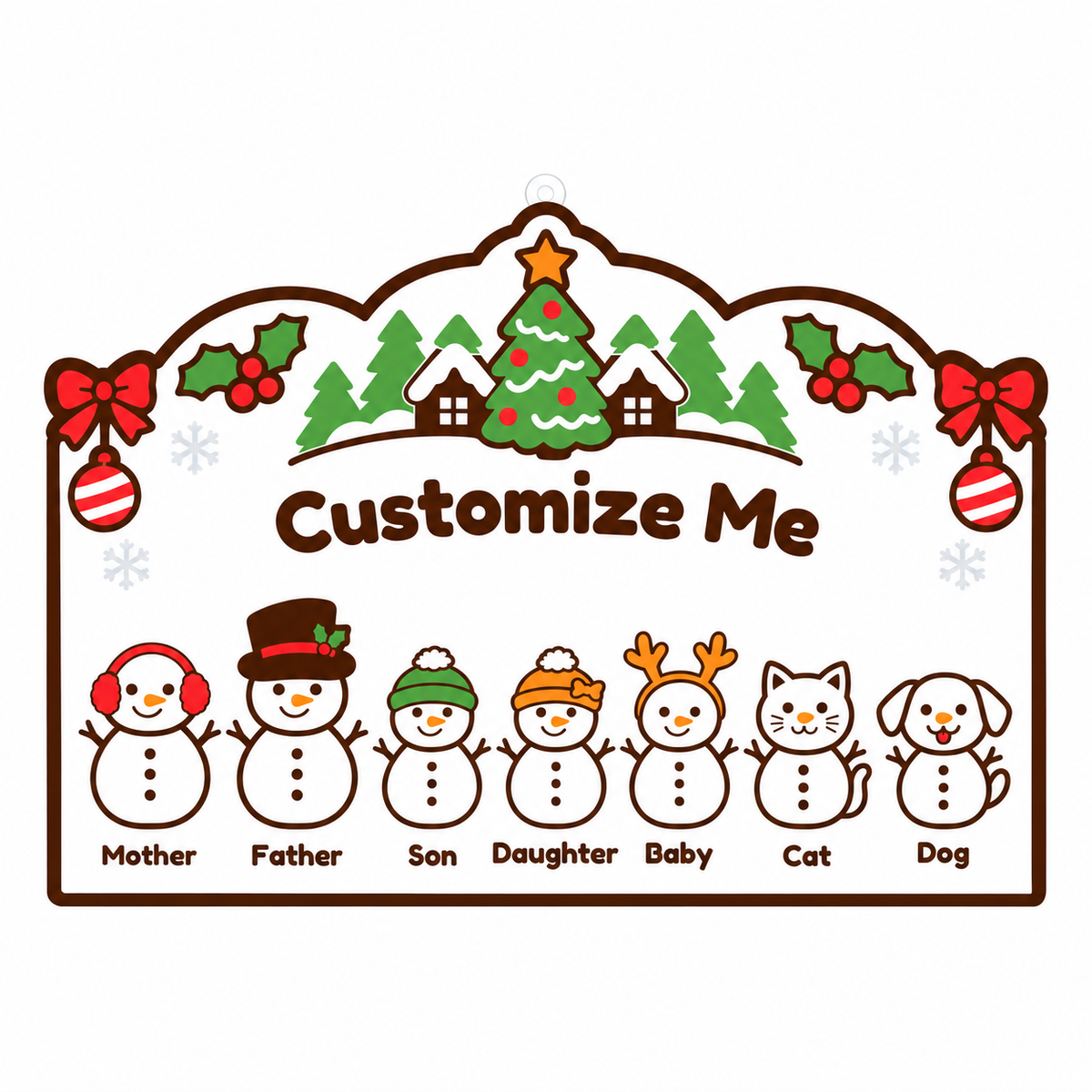 Digital design preview: customizable snowman family and pet styles